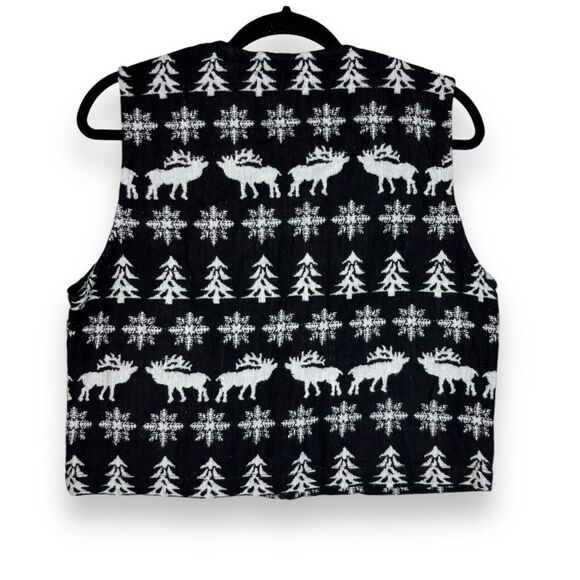 VTG Best Authentic Vest Black Large Moose Snowflake Full Zip Winter White Crop - Picture 2 of 9